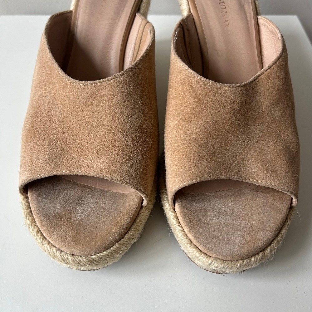 Stuart Weitzman Wedge Sandals 8.5 Tan Suede Espadrille‎ Slide Mules Beach Resort - Picture 6 of 11